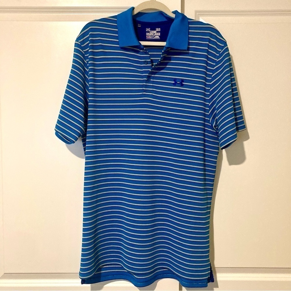 Under Armour Loose HeatGear Striped Tech Performance Polo Shirt Size Large Blue